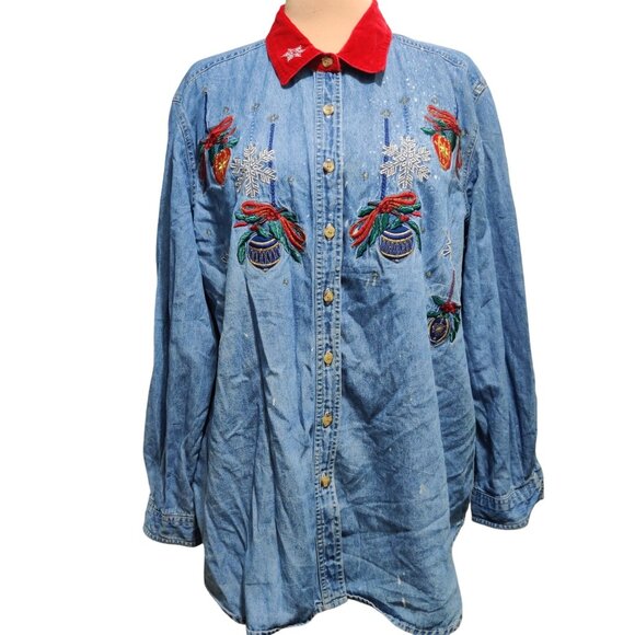 Vintage Bobbie Brooks Plus Size 18W Denim Christmas Shirt Red Collar Embroidered - Picture 1 of 11